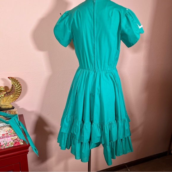 Vintage Cottagecore Full Skirt Ribbon detail green teal Party Dress Country Sm - Picture 8 of 17